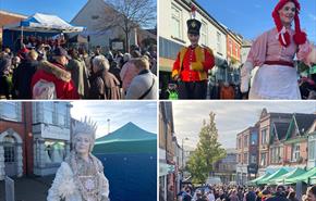 A collage of four images from Ystrad Mynach Christmas Market, featuring a live music performance, street theatre performers and the crowds in the town